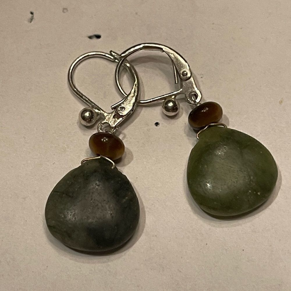 Beautiful simple dangle earrings green tiger eye beads/ stones